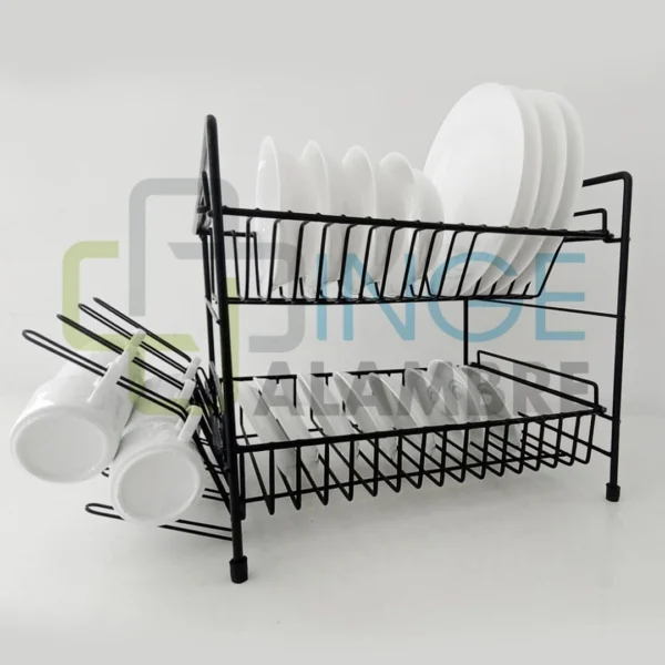 Platero escurridor Deluxe de dos niveles con platos y tazas blancas.