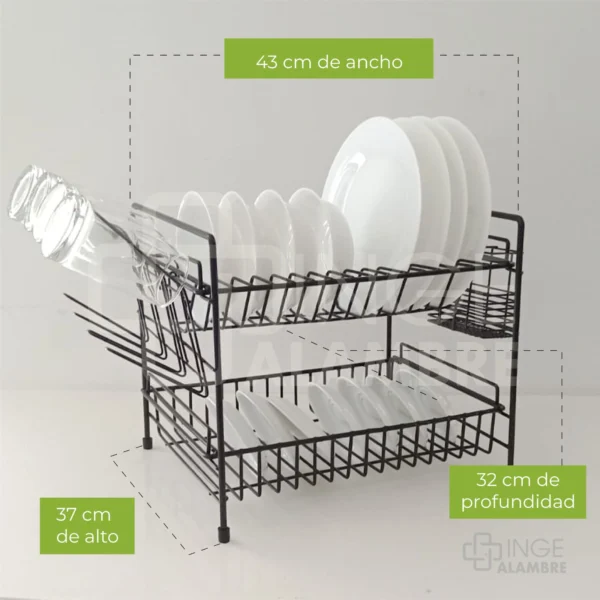 Platero escurridor Deluxe de 2 niveles, con capacidad para platos y vasos, 43cm ancho, 37cm alto.