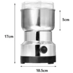 Molino moledor de café y especias eléctrico plateado de 17cm de alto y 10.5cm de ancho.