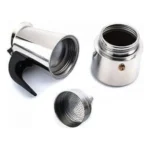 Cafetera italiana de 6 tazas en acero inoxidable, desarmada: base, filtro y émbolo.