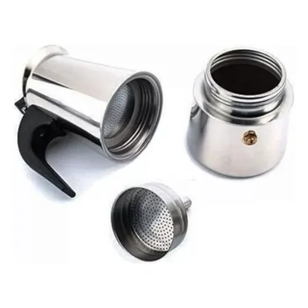 Cafetera italiana de 6 tazas en acero inoxidable, desarmada: base, filtro y émbolo.