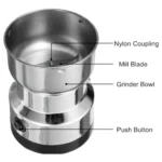 Molino de café y especias metálico con cuchillas visibles, botón y tapa.