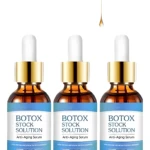 Set x2 Botox Stock Solution suero antiarruga con gotero, envases ámbar y etiqueta azul.