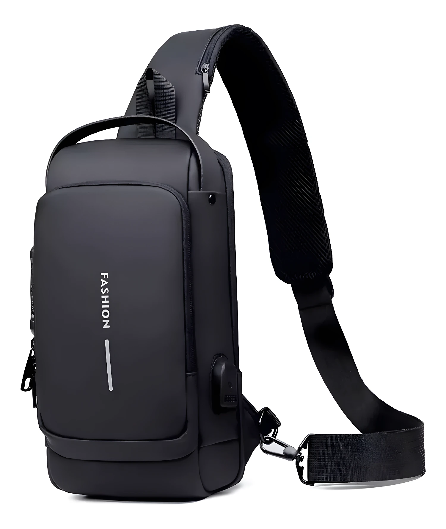 Bolso canguro antirrobo negro con puerto USB y "Fashion" en relieve.