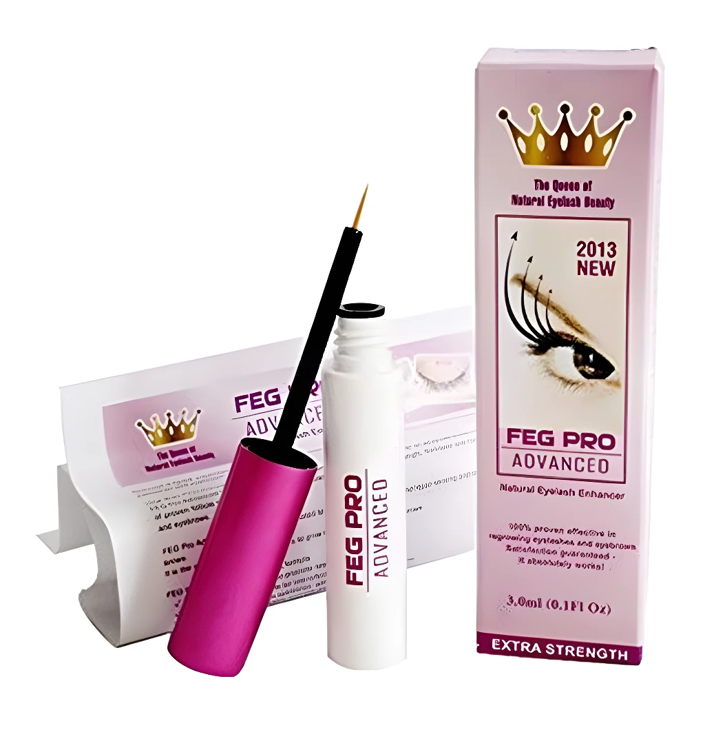 Feg Serum de Pestañas Pro en caja rosada con aplicador negro y rosa, para crecimiento natural.