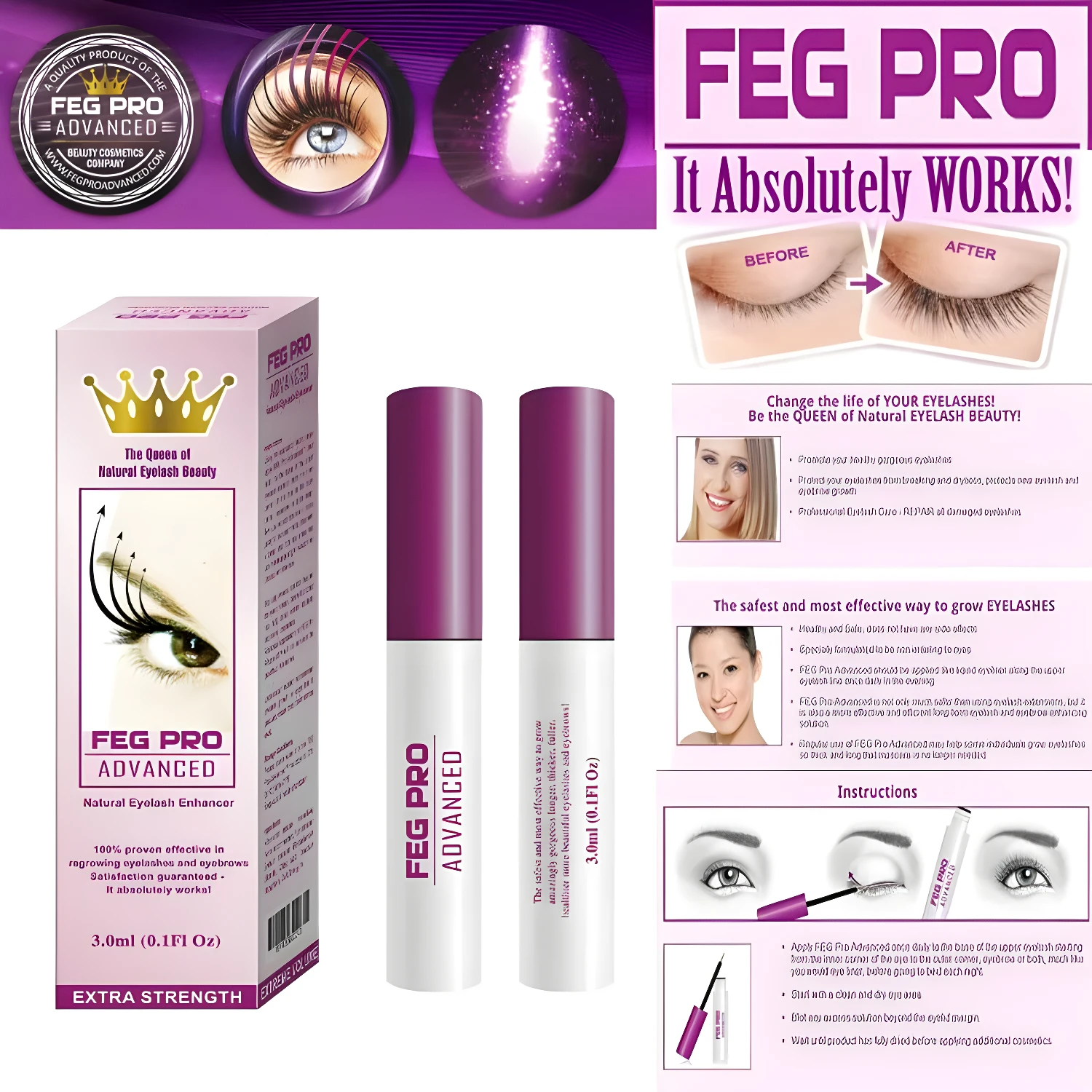 FEG Pro Advanced Serum para pestañas, caja y aplicador, promueve el crecimiento.