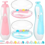 Lima eléctrica para uñas de bebé rosa y azul con estuches y accesorios.