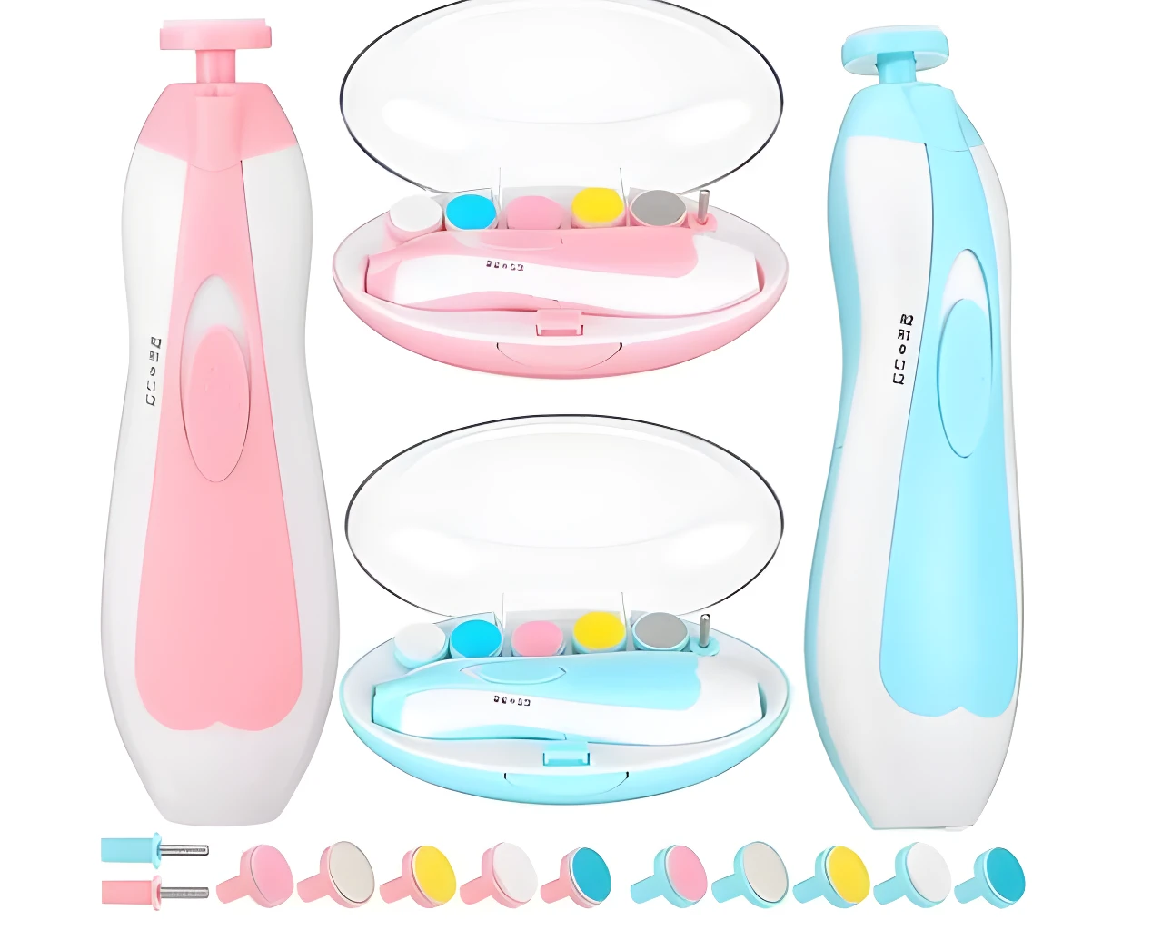 Lima eléctrica para uñas de bebé rosa y azul con estuches y accesorios.