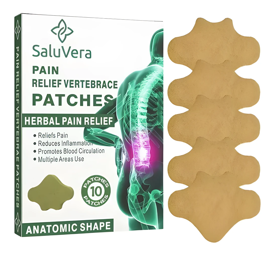 Set x20 parches herbales de calor SaluVera para alivio del dolor de columna y vértebras.