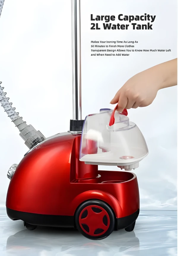 Vaporizador vertical 1800W rojo con tanque de agua de 2L extraíble para planchar ropa.