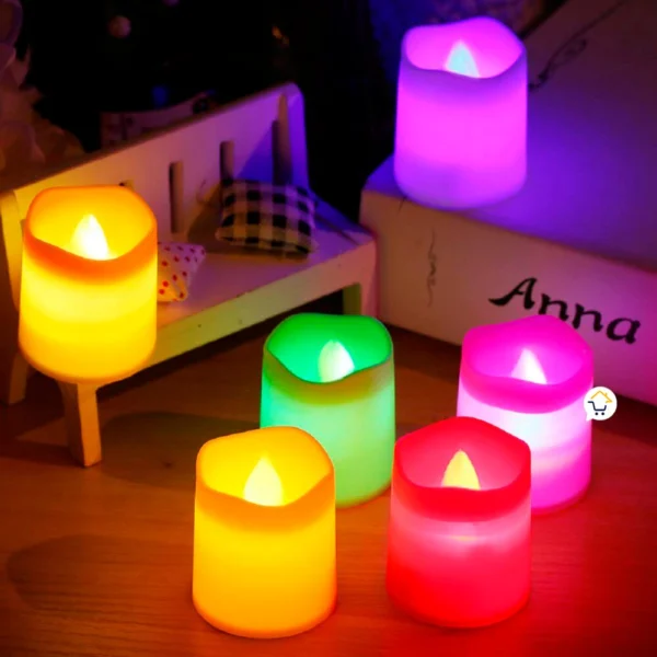 Set x6 velas LED decorativas AK3008: luz cálida y colorida para ambientes festivos.