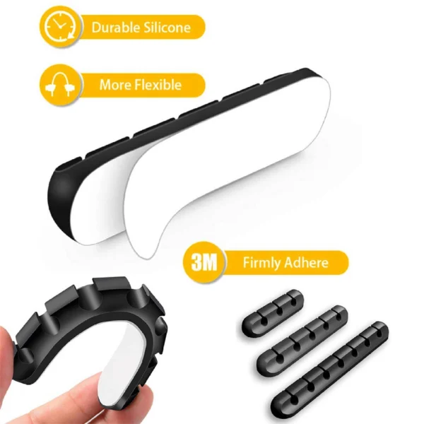 Set X6 organizadores de cables en silicona flexible y duradera, con adhesivo 3M para adherir firmemente.