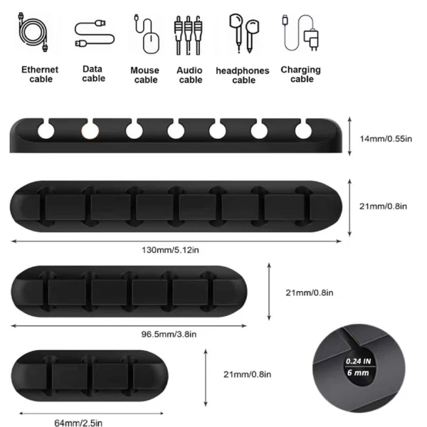 Set x6 organizadores de cables de silicona negros para escritorio.