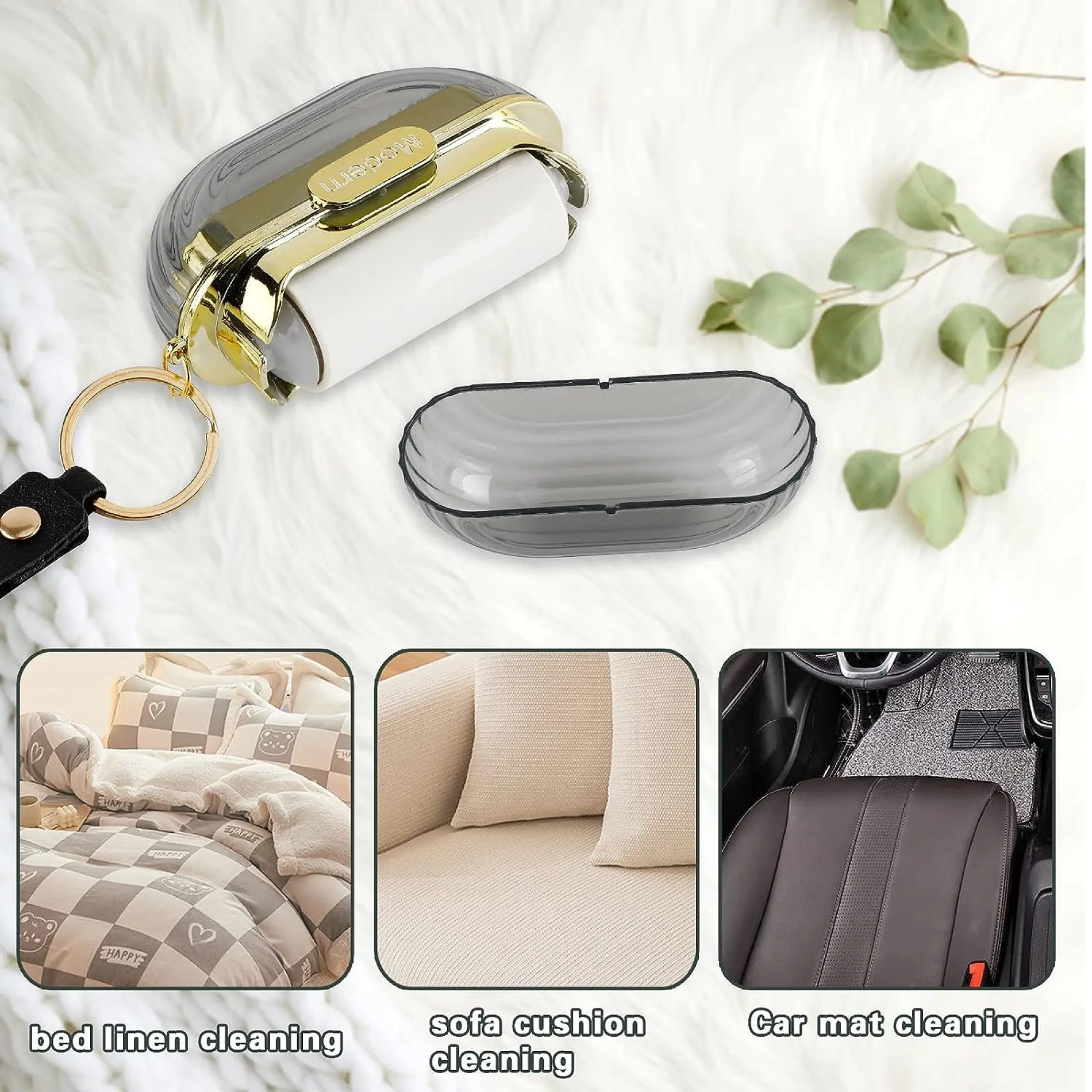 Llavero removedor de pelusas 2 en 1 para limpieza de cama, sofá y tapetes de auto.