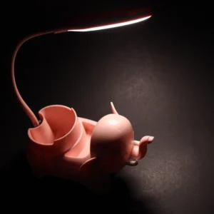 Lámpara de escritorio flexible rosa con forma de elefante, ideal para niños.