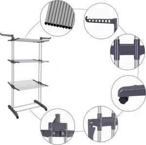 Estante secador de ropa de 3 niveles con ruedas, diseño de tubos y ganchos para colgar.