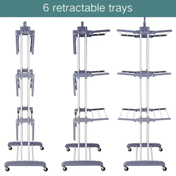 Estante secador de ropa con 6 bandejas retráctiles y ruedas, gris