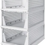 Organizador de armario apilable blanco de plástico con ventilación, 3 niveles.