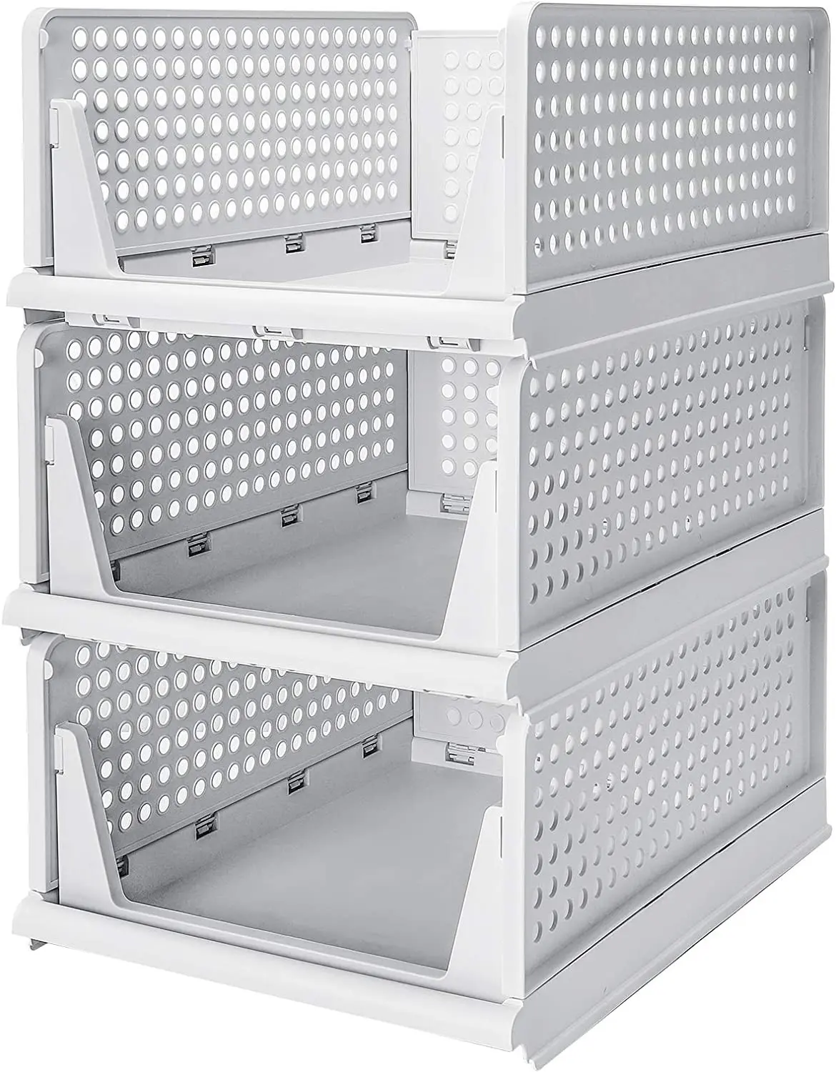 Organizador de armario apilable blanco de plástico con ventilación, 3 niveles.