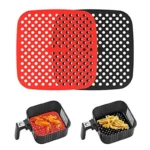Protectores de silicona para freidora de aire con patrón perforado, uno rojo y otro negro.