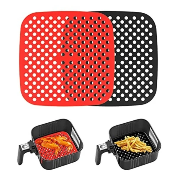 Protectores de silicona para freidora de aire con patrón perforado, uno rojo y otro negro.