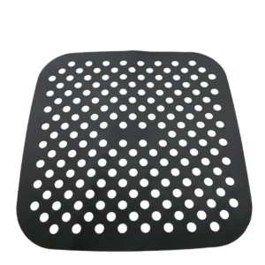 Alfombrilla redonda de silicona para freidora de aire, color negro, con múltiples orificios.
