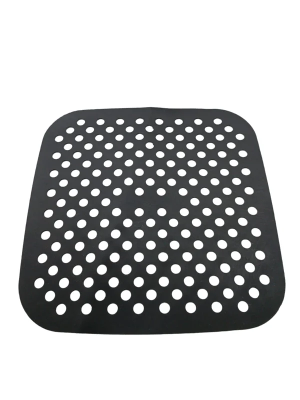 Alfombrilla redonda de silicona para freidora de aire, color negro, con múltiples orificios.