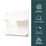 Repisa organizador de pared perforado blanco con 2 estantes y gancho.