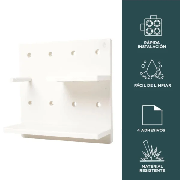 Repisa organizador de pared perforado blanco con 2 estantes y gancho.