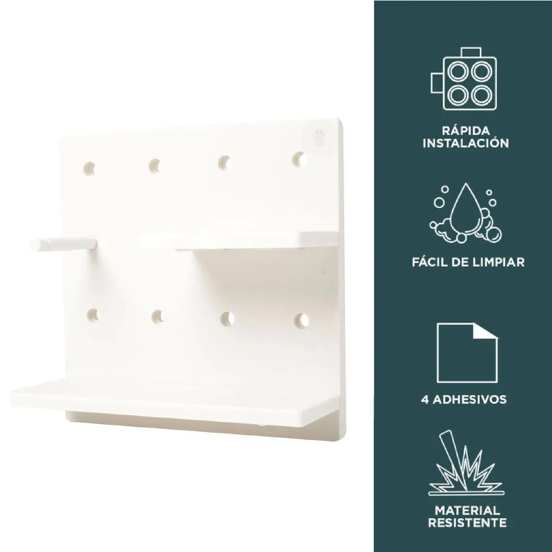 Repisa organizador de pared perforado blanco con 2 estantes y gancho.