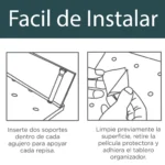 Repisa organizador perforado de pared con soportes e instrucciones de instalación.