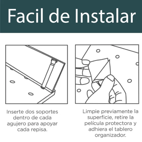 Repisa organizador perforado de pared con soportes e instrucciones de instalación.