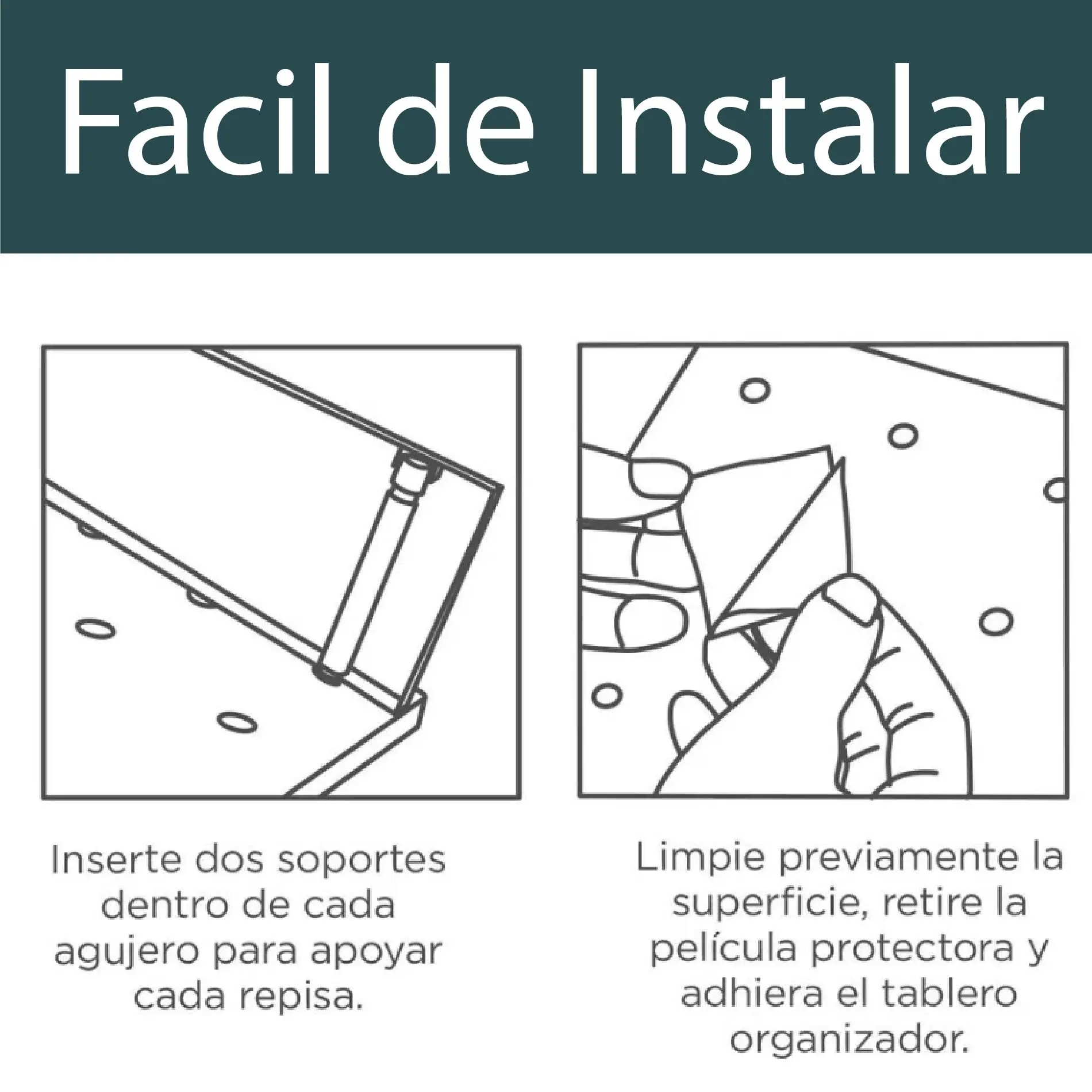 Repisa organizador perforado de pared con soportes e instrucciones de instalación.
