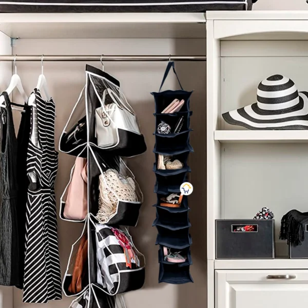 Organizadores de zapatos colgantes para 10 pares, closet vertical con bolsillos transparentes y carteras.