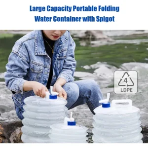 Botellón plegable para agua de 5L con grifo, ideal para camping y exteriores.
