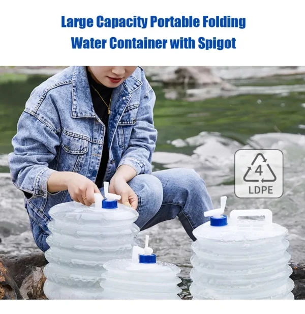 Botellón plegable para agua de 5L con grifo, ideal para camping y exteriores.