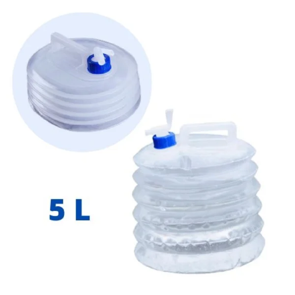 Botellón plegable de agua 5L con grifo, ideal para camping y exteriores.