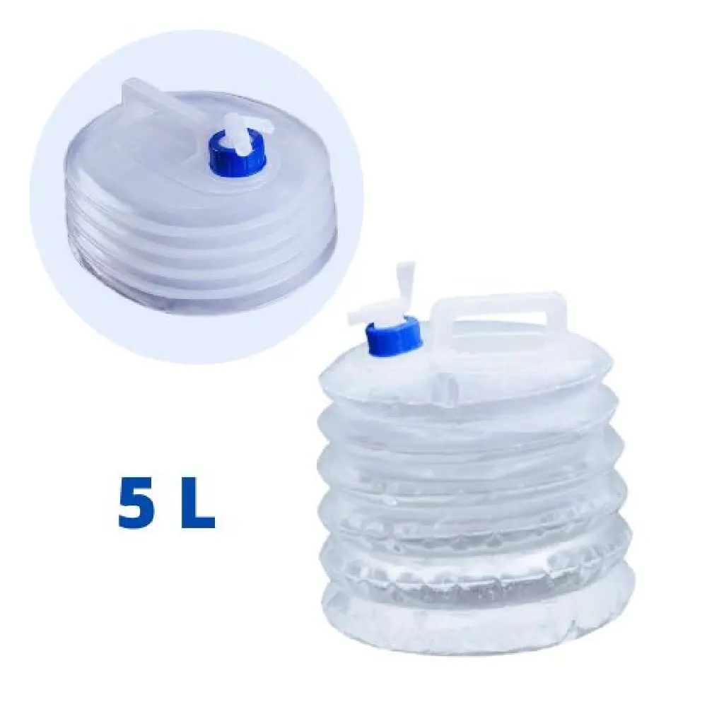 Botellón plegable de agua 5L con grifo, ideal para camping y exteriores.