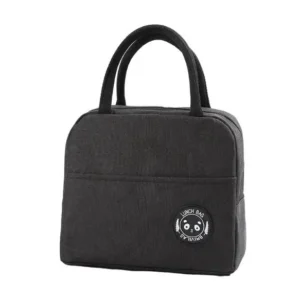 Lonchera térmica negra con estampado de panda y asas resistentes.