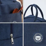 Lonchera térmica azul con logo de oso y detalles de cremallera y bolsillo.