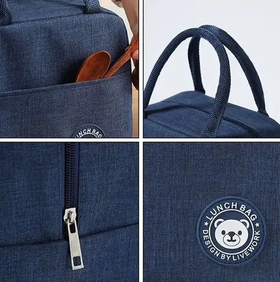 Lonchera térmica azul con logo de oso y detalles de cremallera y bolsillo.