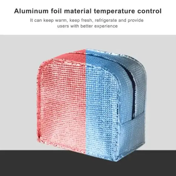 Lonchera térmica de aluminio, roja y azul, con cierre, para mantener alimentos frescos.