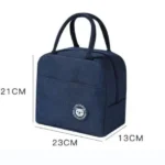 Lonchera térmica azul oscuro de 23x13x21 cm, ideal para almuerzos.
