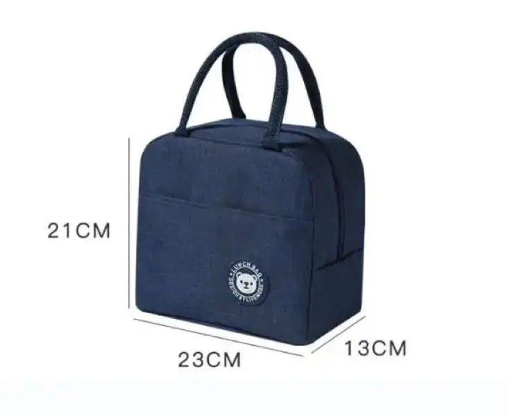 Lonchera térmica azul oscuro de 23x13x21 cm, ideal para almuerzos.
