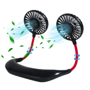 Mini ventilador de cuello colgante con doble aspa negra, flujo de aire azul y hojas verdes.