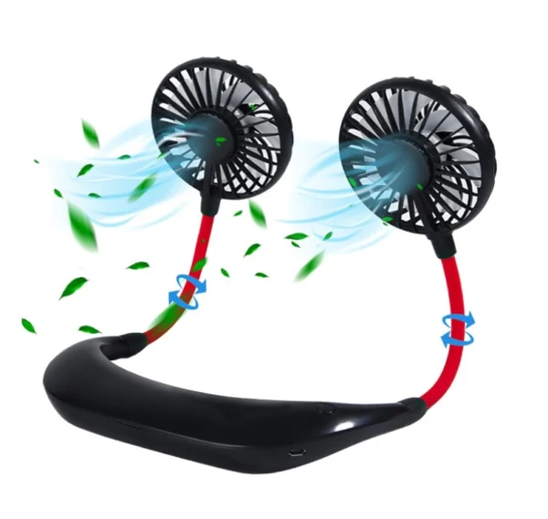 Mini ventilador de cuello colgante con doble aspa negra, flujo de aire azul y hojas verdes.