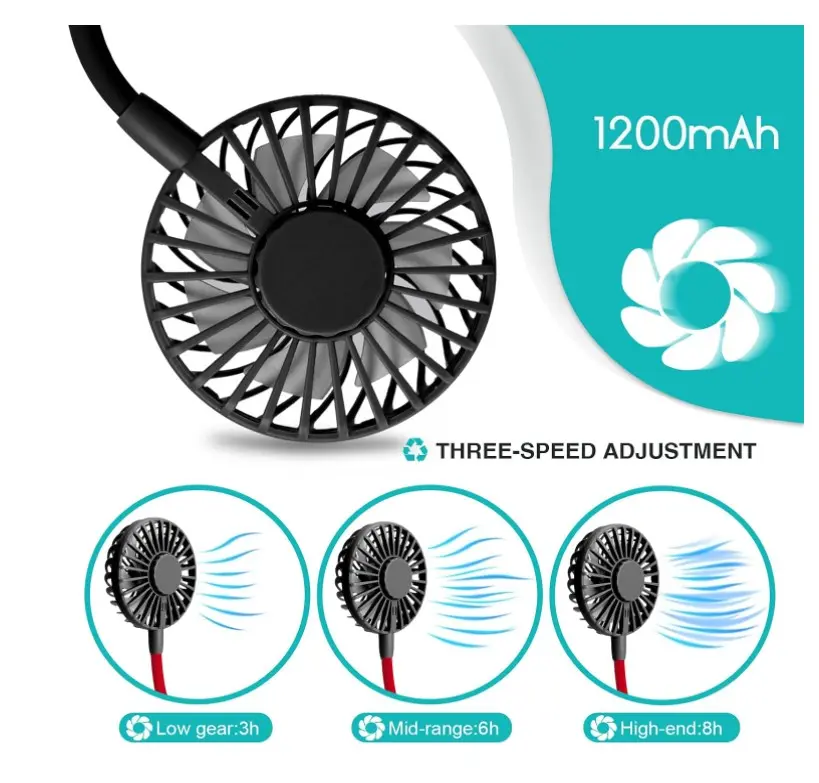 Mini ventilador de cuello colgante 3 velocidades, 1200mAh, 8h de uso, ajuste fácil.