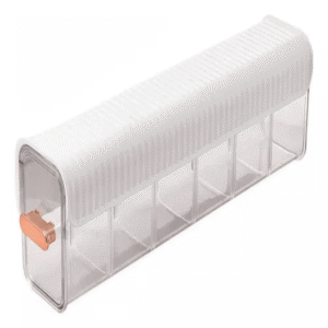 Cajón organizador montable de ropa interior transparente con divisores y broche frontal.