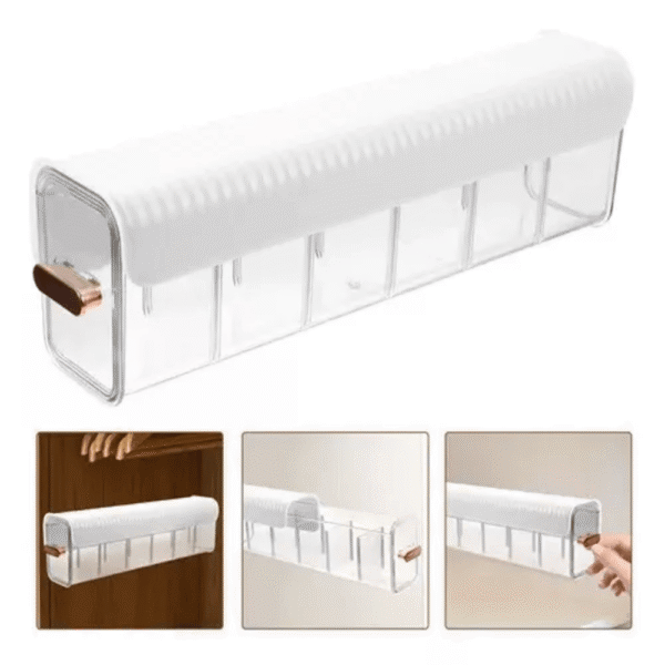 Organizador montable para cajón de ropa interior con divisiones transparentes y manija dorada.