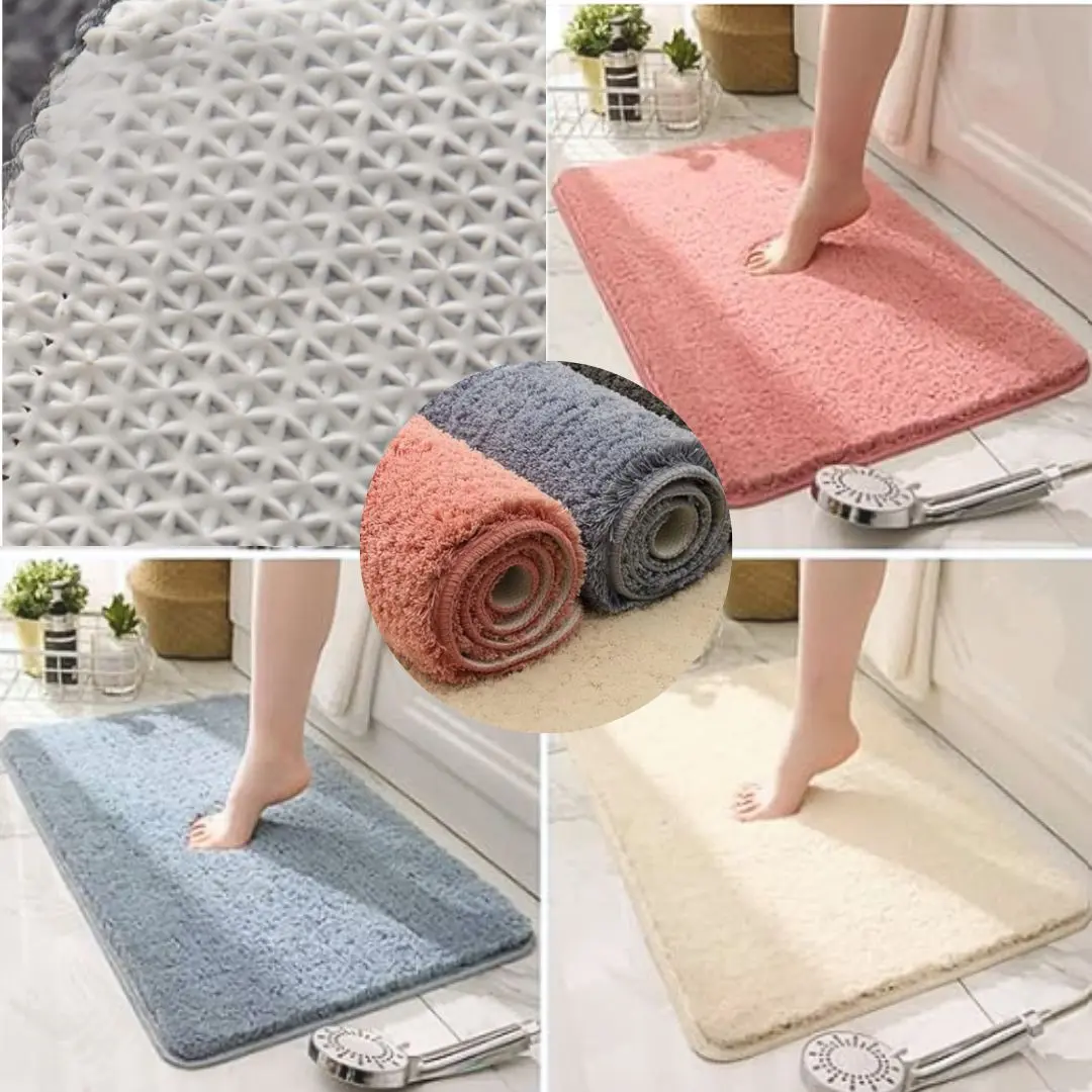 Tapete alfombra absorbente antideslizante para baño color rosa, gris, azul y crema.